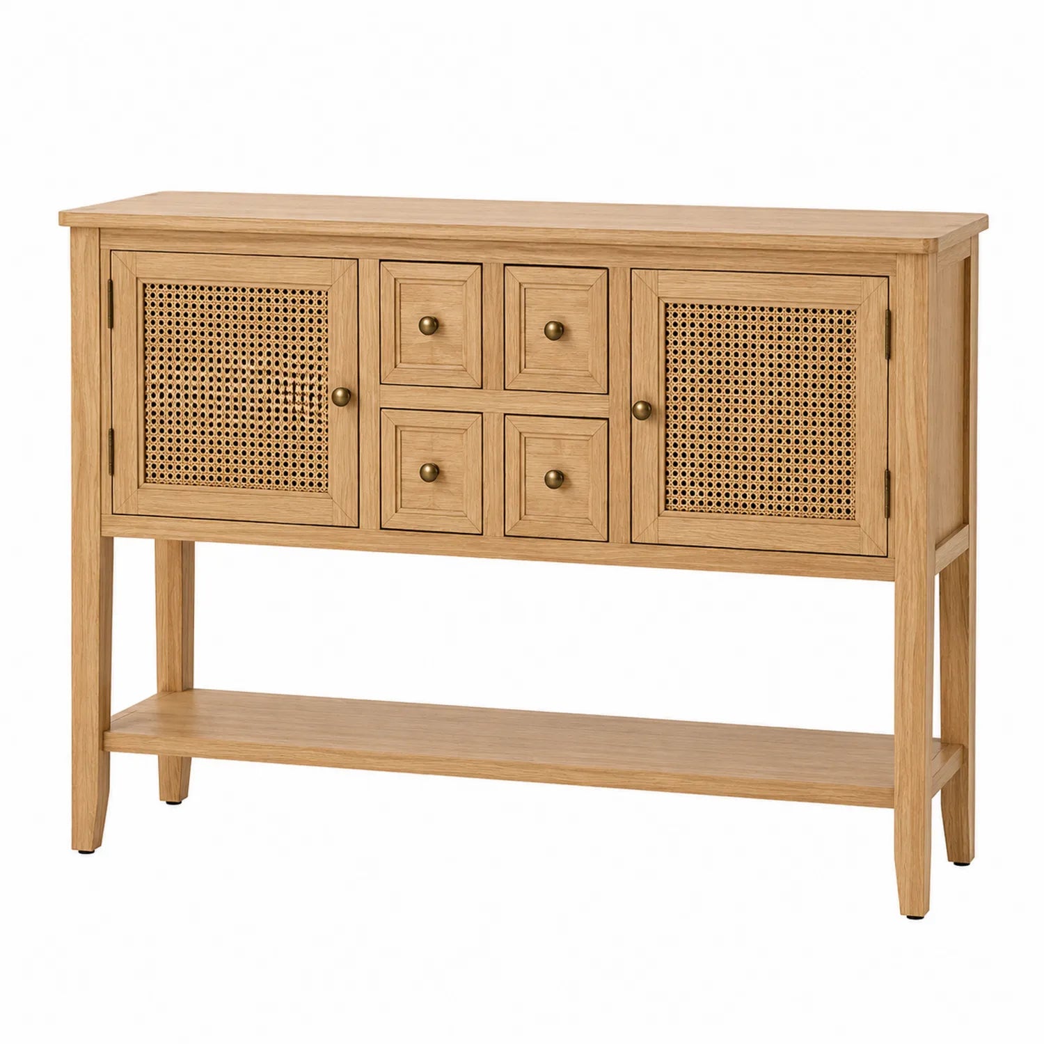 Consola de madera de roble con puertas de mimbre