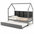 Cama infantil de madera gris con estantería y cama nido