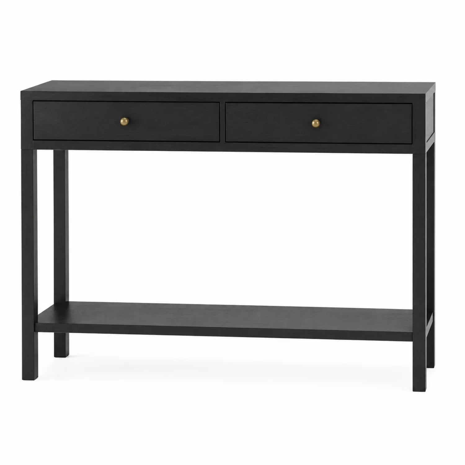 Mesa consola de madera con cajones y estante inferior negra