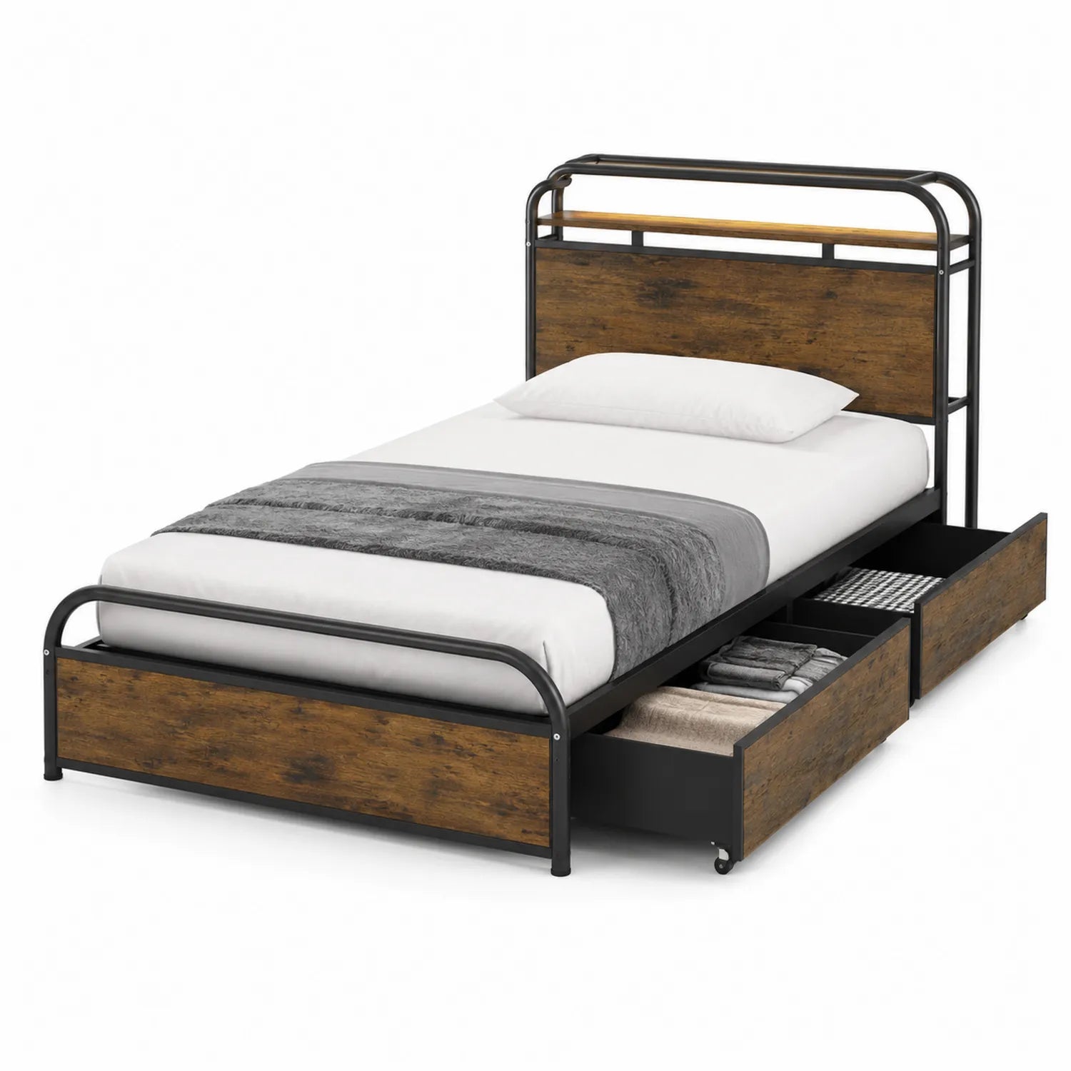Cama individual de metal y madera con cajones de almacenamiento