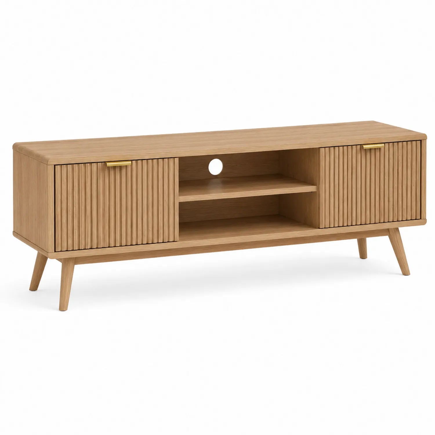 Mesa de TV de madera de roble con puertas ranuradas 140x40x50 cm