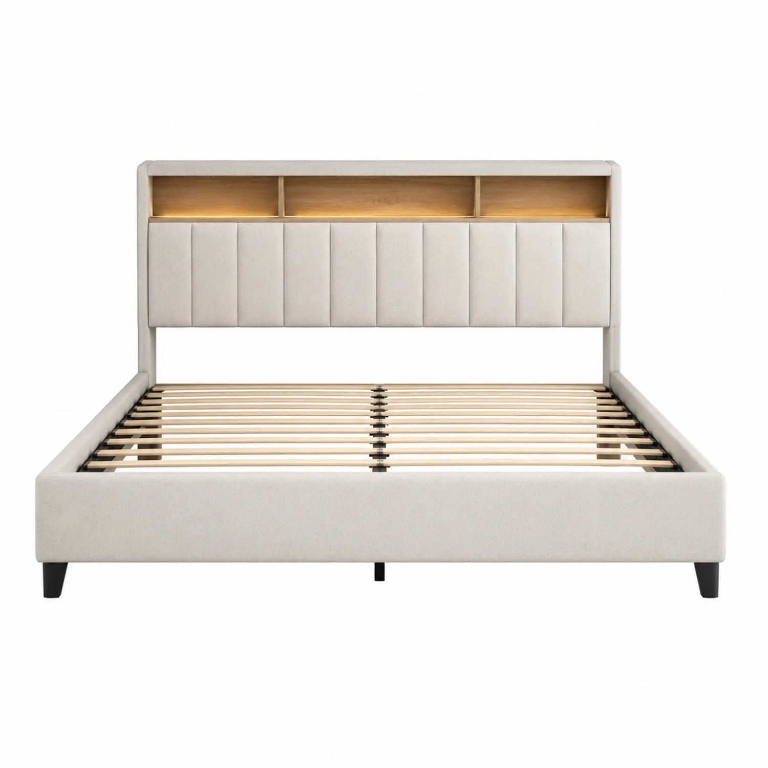 Cama doble tapizada con madera y luz LED 200x160 cm