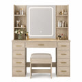 Tocador de Madera con Espejo LED y Taburete Beige