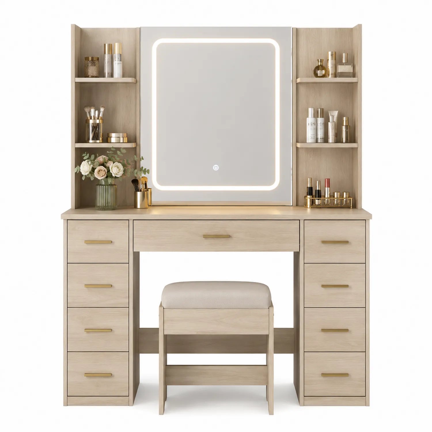 Tocador de Madera con Espejo LED y Taburete Beige