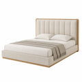Cama doble tapizada en lino beige con estructura de madera 200x160 cm