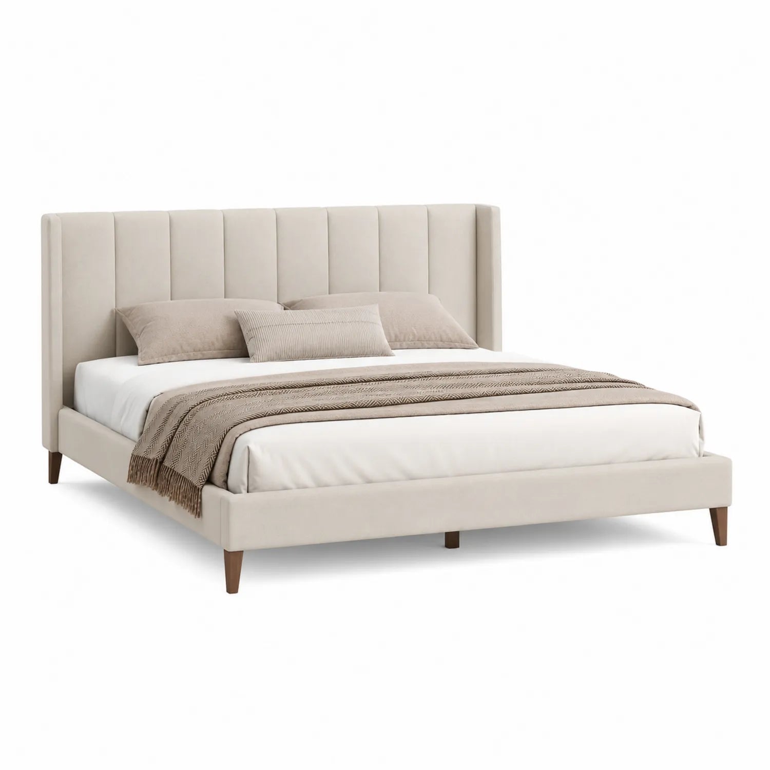Cama de matrimonio beige tapizada con patas de madera