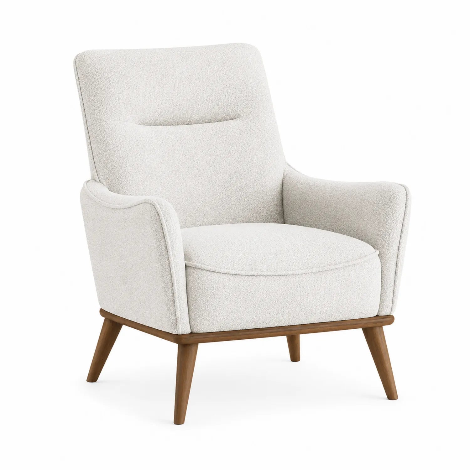 Sillón tapizado en tela color crema con estructura de madera